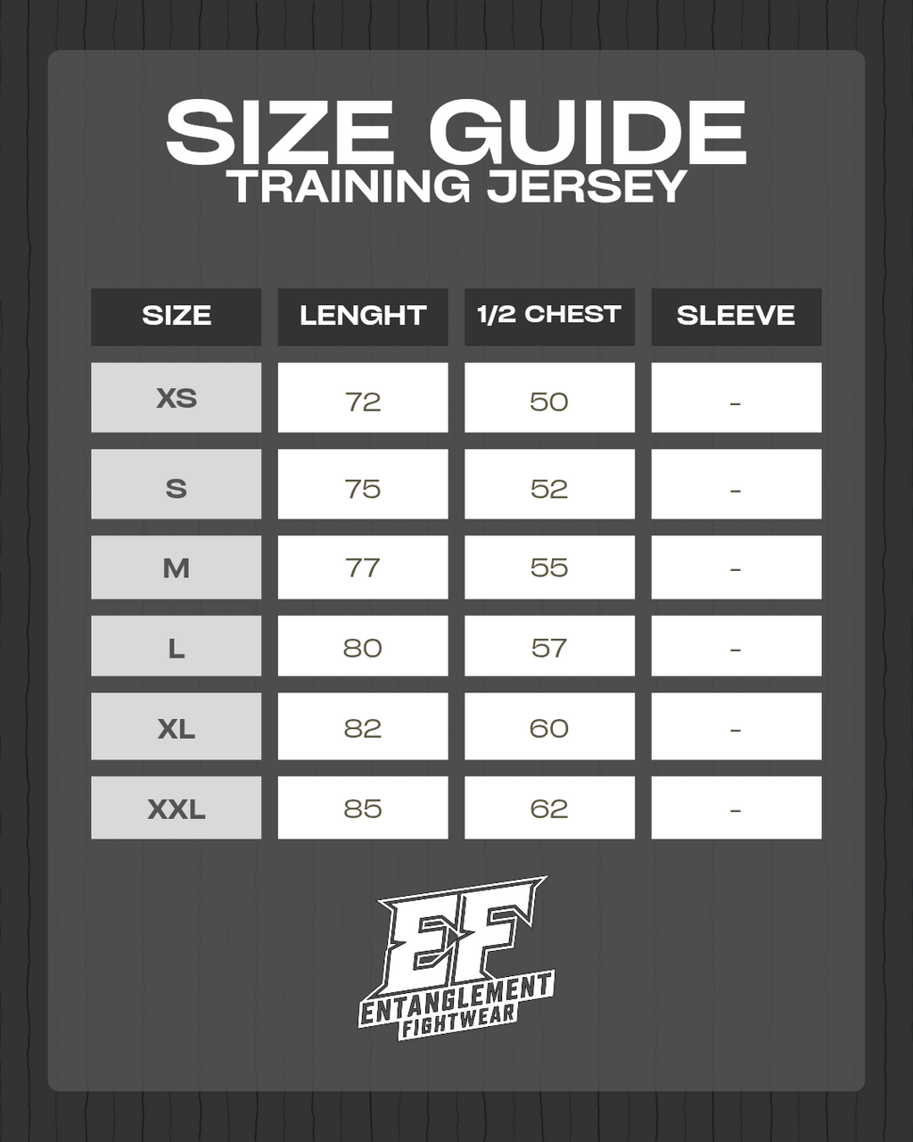 Size guide for training jerseys with Entanglement Fightwear logo