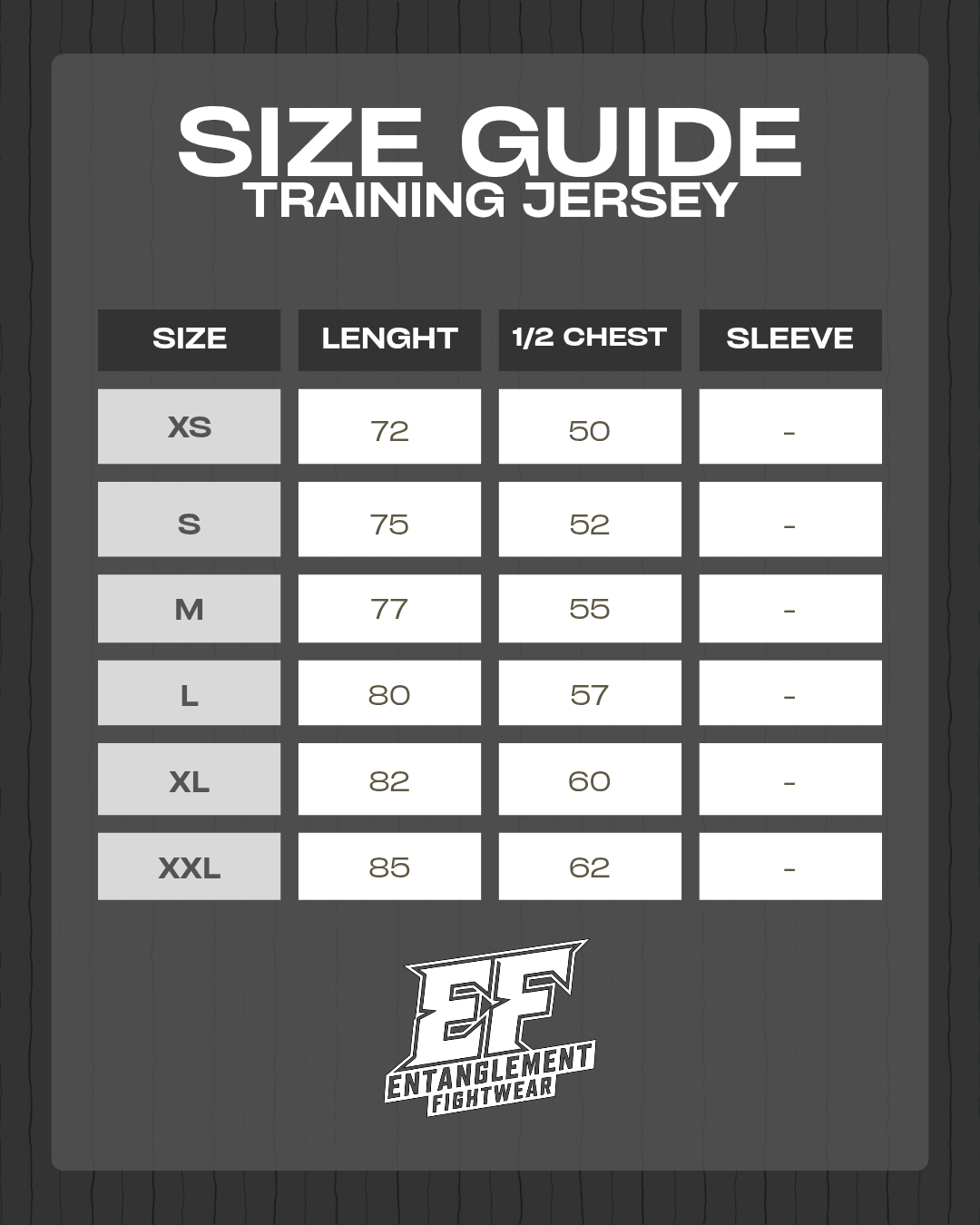 Size guide for training jerseys with Entanglement Fightwear logo